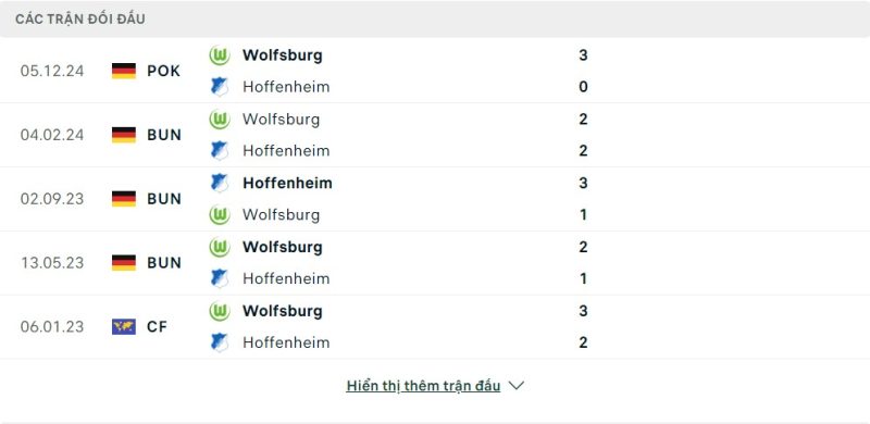 Lịch sử đối đầu Hoffenheim vs VfL Wolfsburg